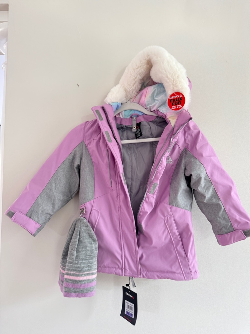 Girls' Pink & Gray Winter Jacket with Faux Fur Hood and Hat